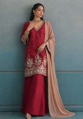 Rust Embroidery Crepe Palazzo Set