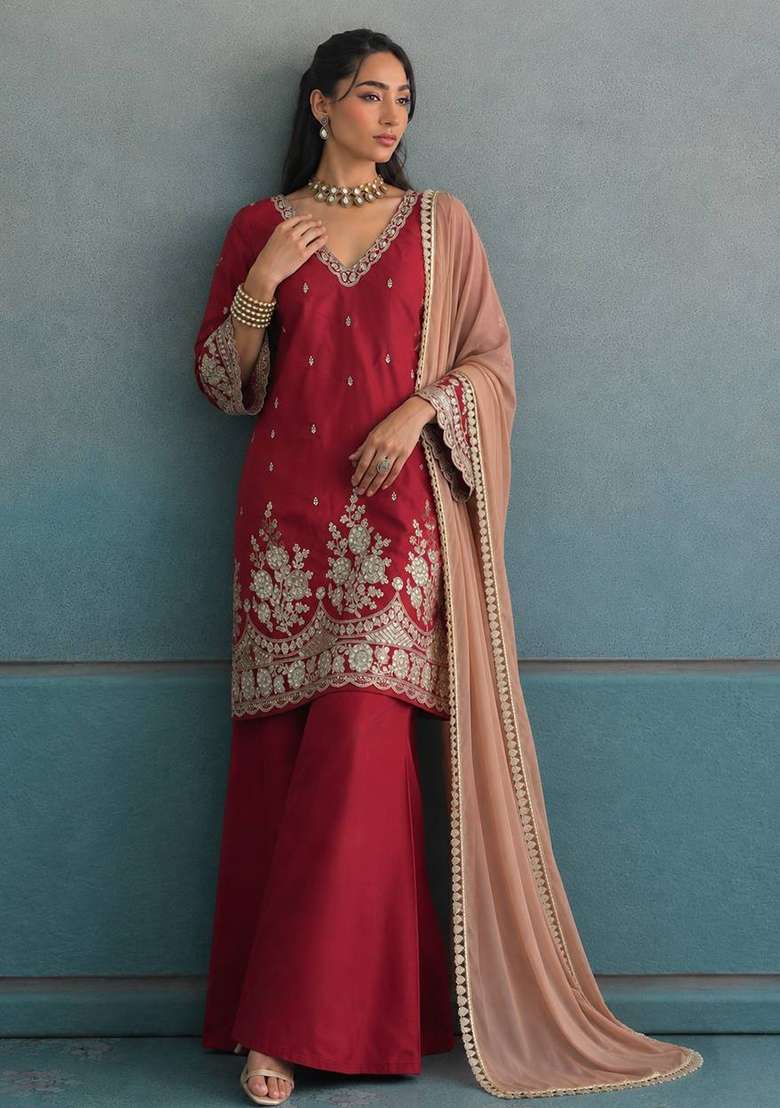 Rust Embroidery Crepe Palazzo Set - Indya