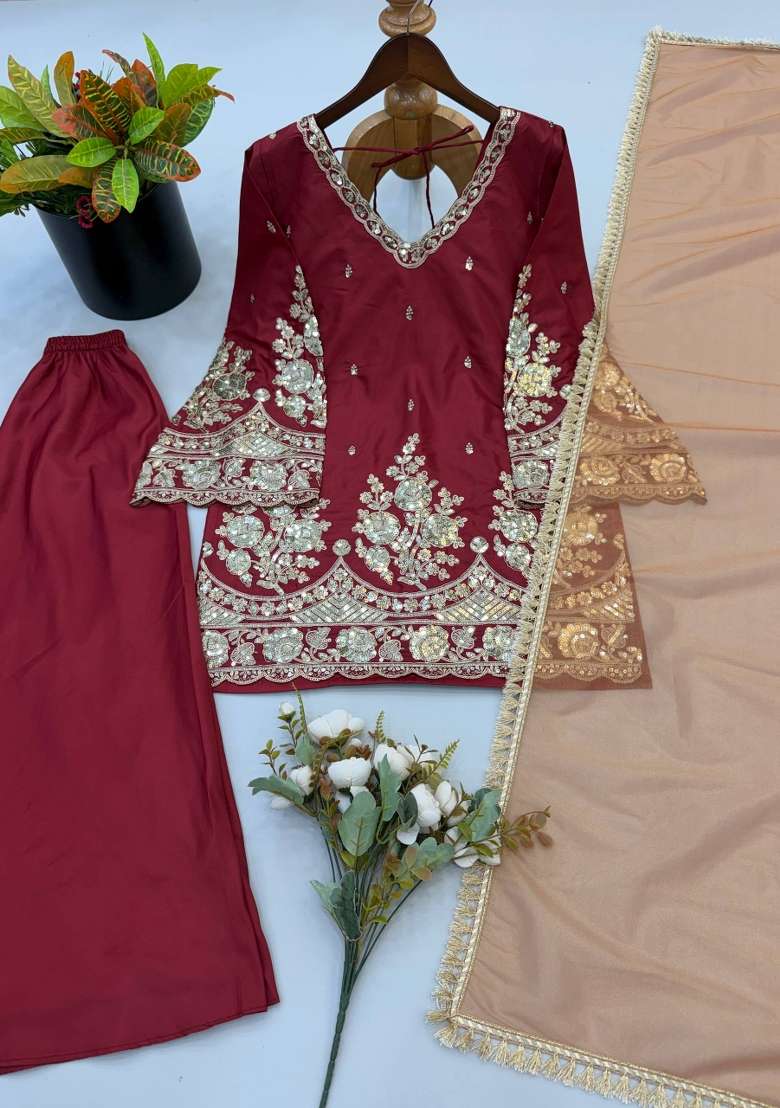 Rust Embroidery Crepe Palazzo Set - Indya