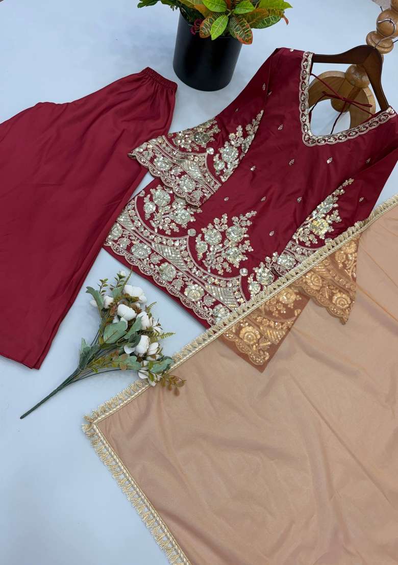 Rust Embroidery Crepe Palazzo Set - Indya