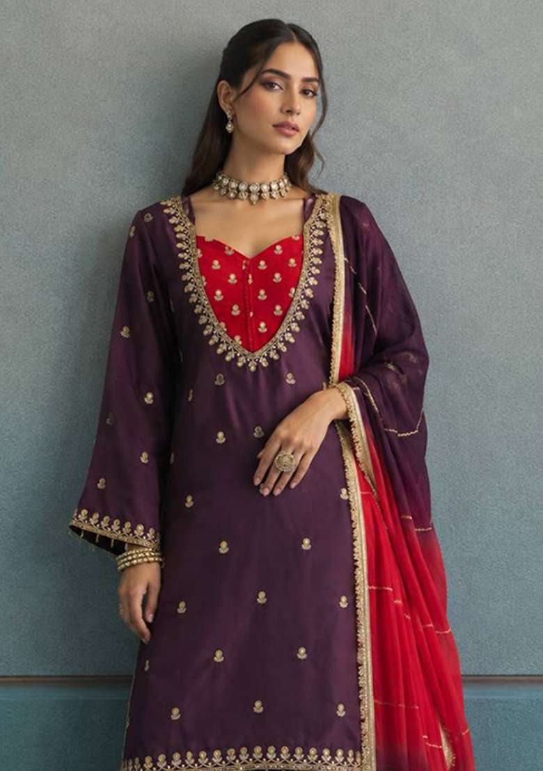 Wine Embroidery Crepe Palazzo Set - Indya