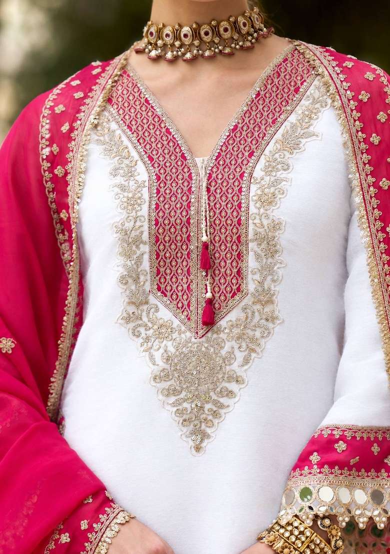 White Embroidery Chinon Palazzo Set - Indya