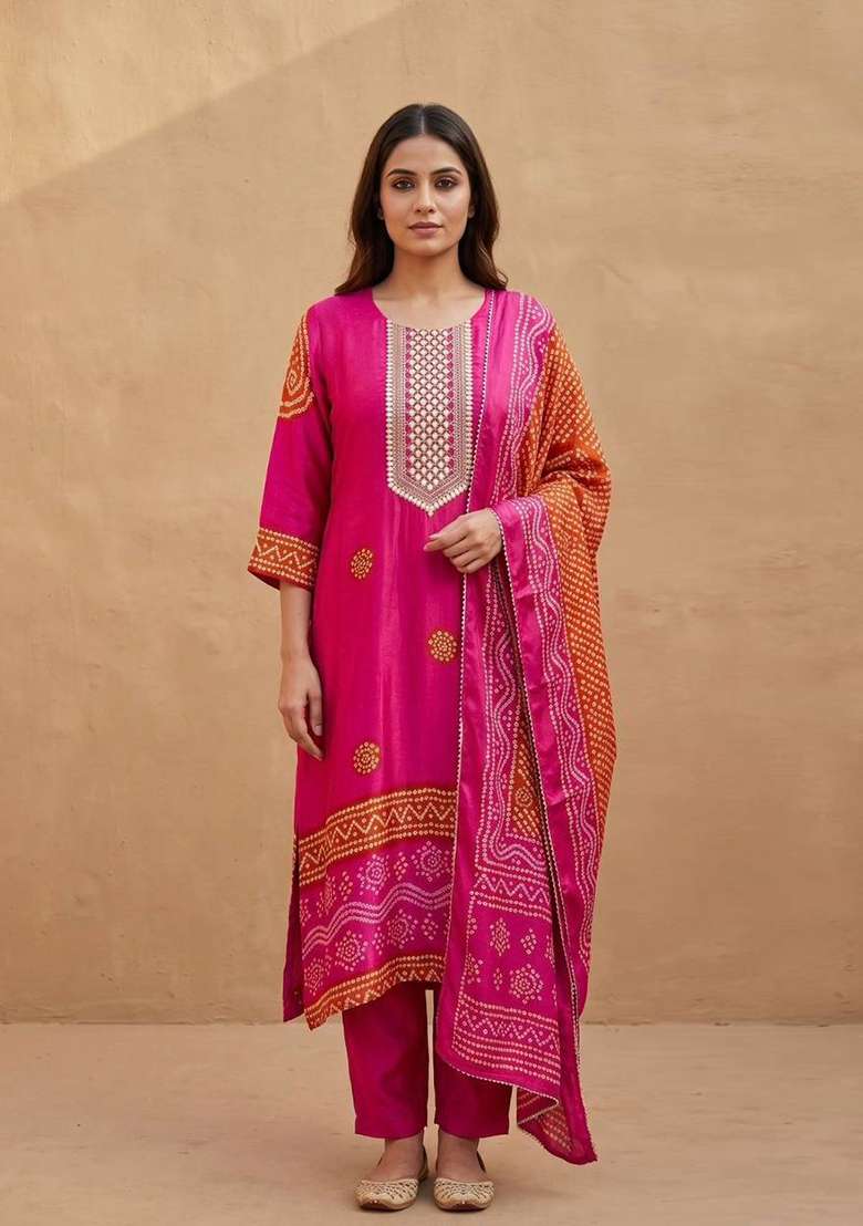 Pink Embroidery Chinon Kurta Set - Indya