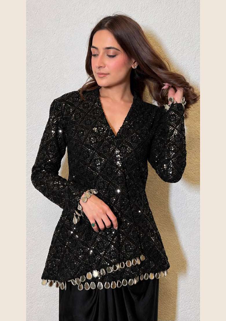 Black Embroidery Chinon Kurta Set - Indya