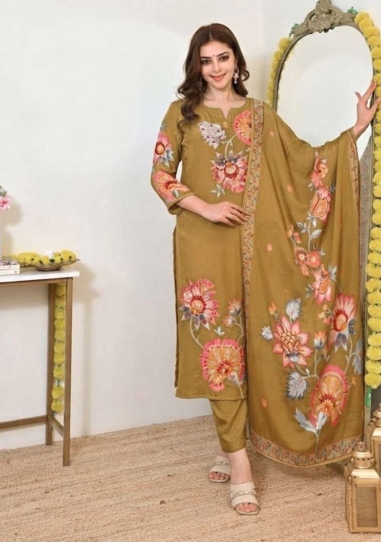 Yellow Embroidery Muslin Kurta Set - Indya