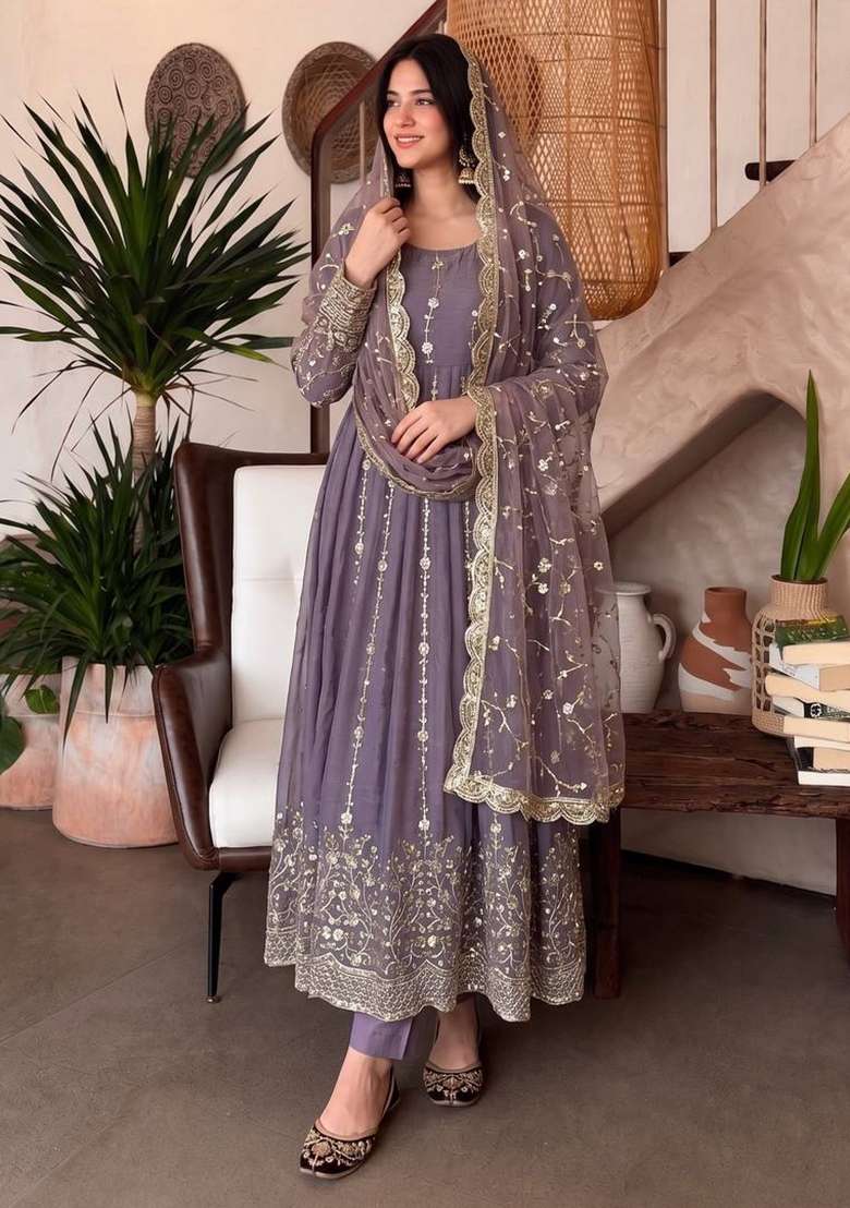 Grey Embroidery Fendi Gown Set - Indya