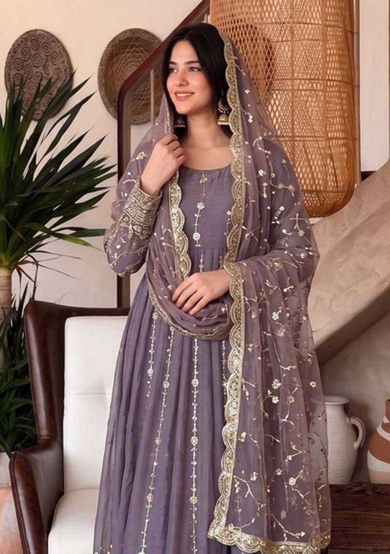 Grey Embroidery Fendi Gown Set - Indya