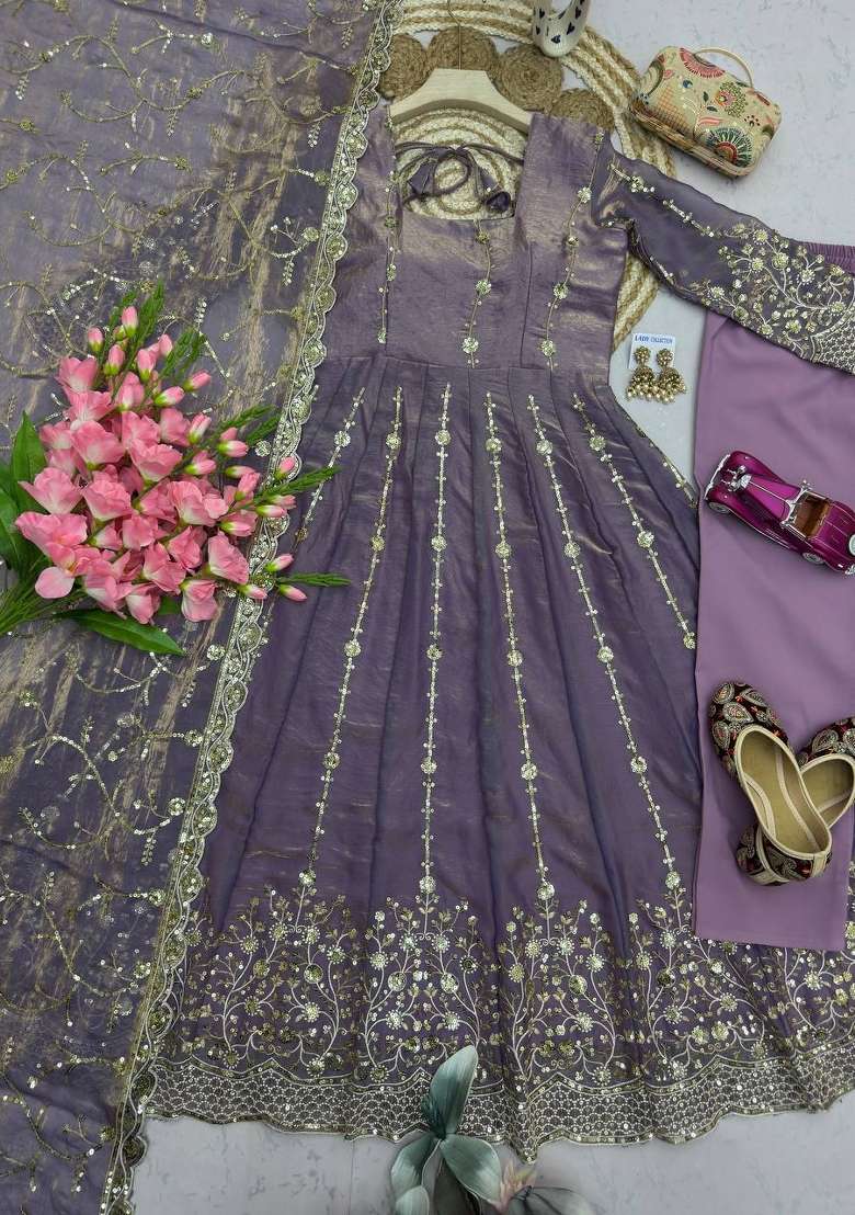 Grey Embroidery Fendi Gown Set - Indya