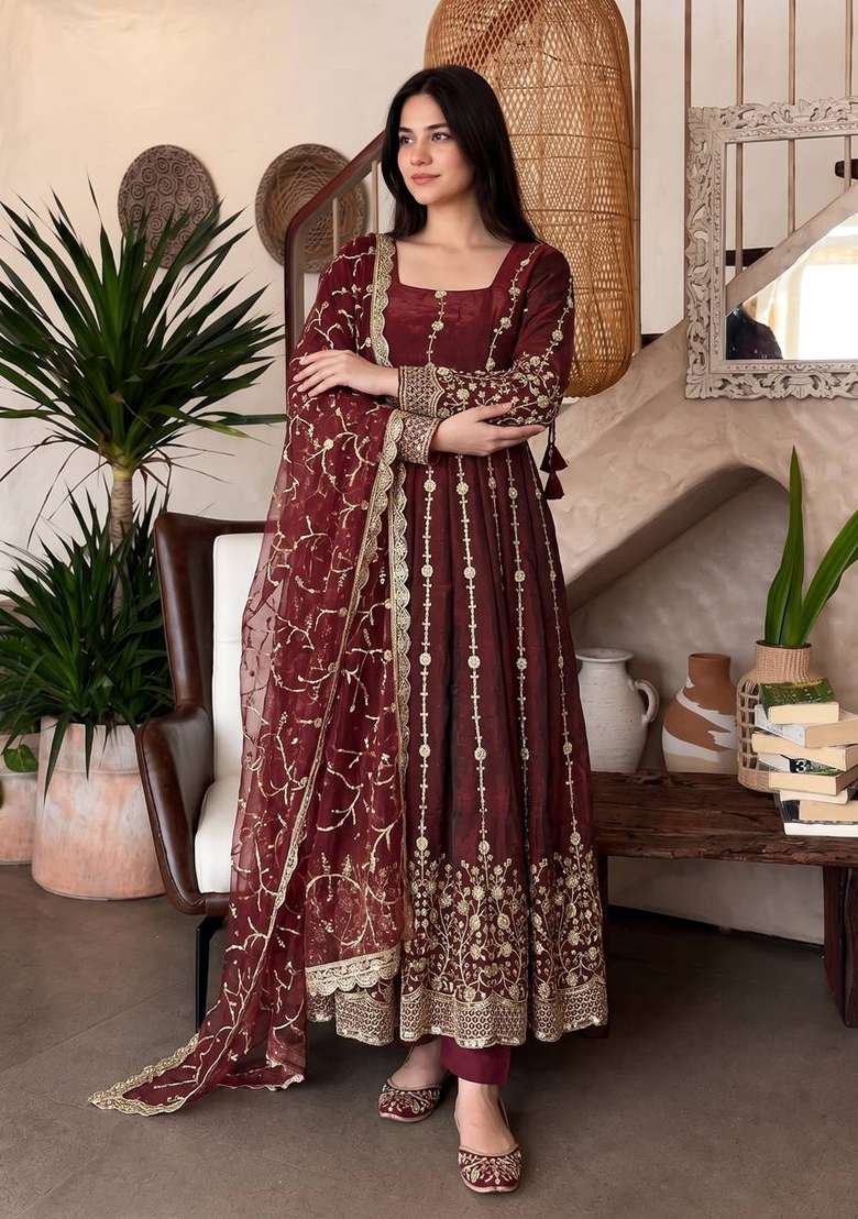 Maroon Embroidery Fendi Gown Set - Indya