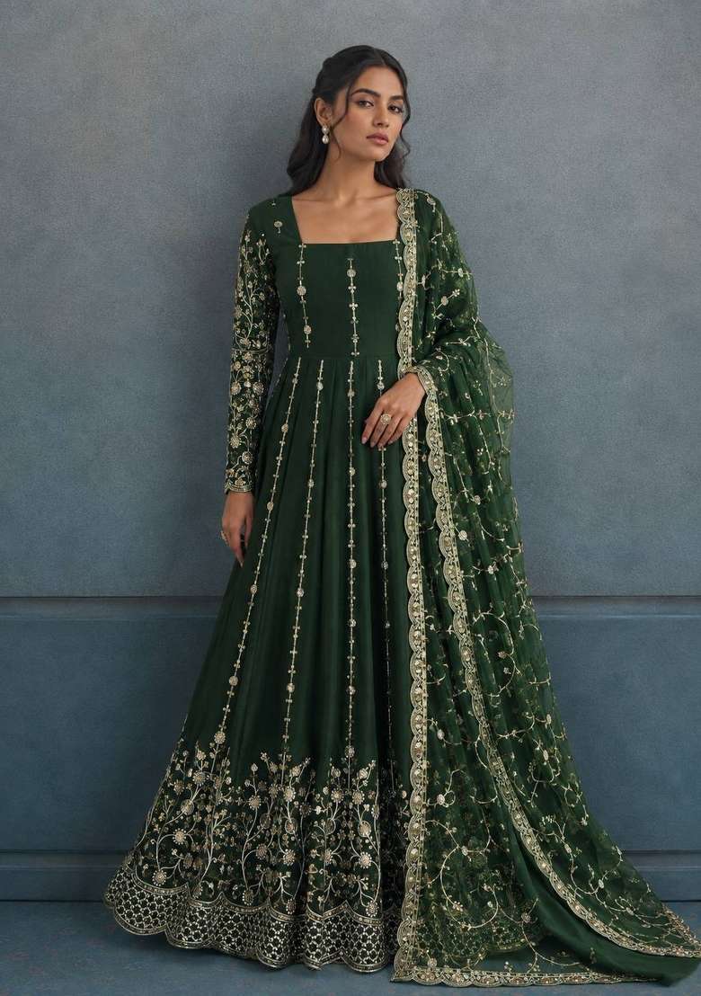 Mehendi Embroidery Fendi Gown Set - Indya