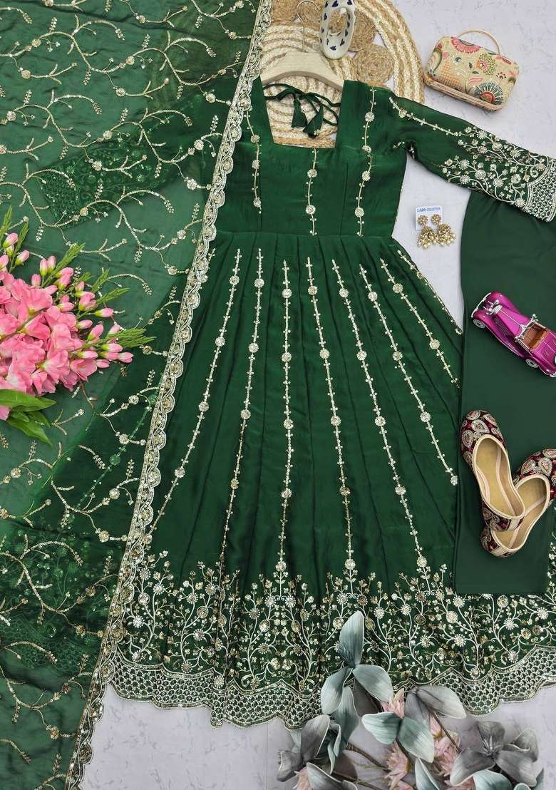 Mehendi Embroidery Fendi Gown Set - Indya