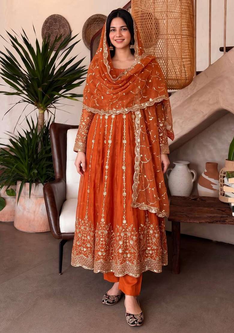 Orange Embroidery Fendi Gown Set - Indya