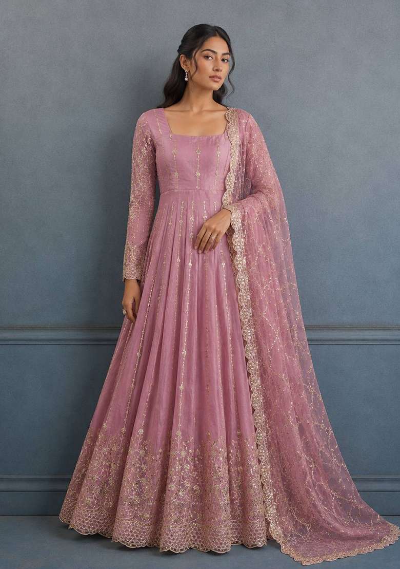 Pink Embroidery Fendi Gown Set - Indya