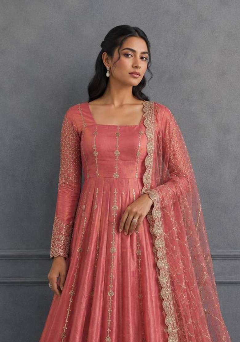 Peach Embroidery Fendi Gown Set - Indya