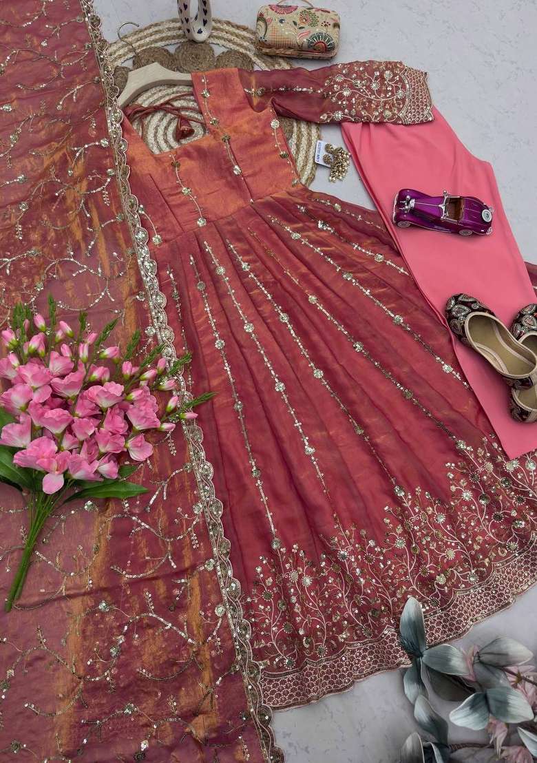 Peach Embroidery Fendi Gown Set - Indya