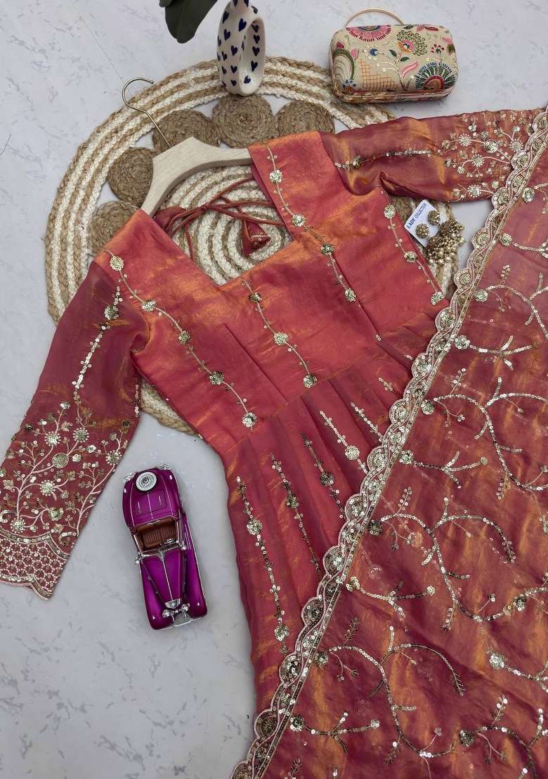 Peach Embroidery Fendi Gown Set - Indya