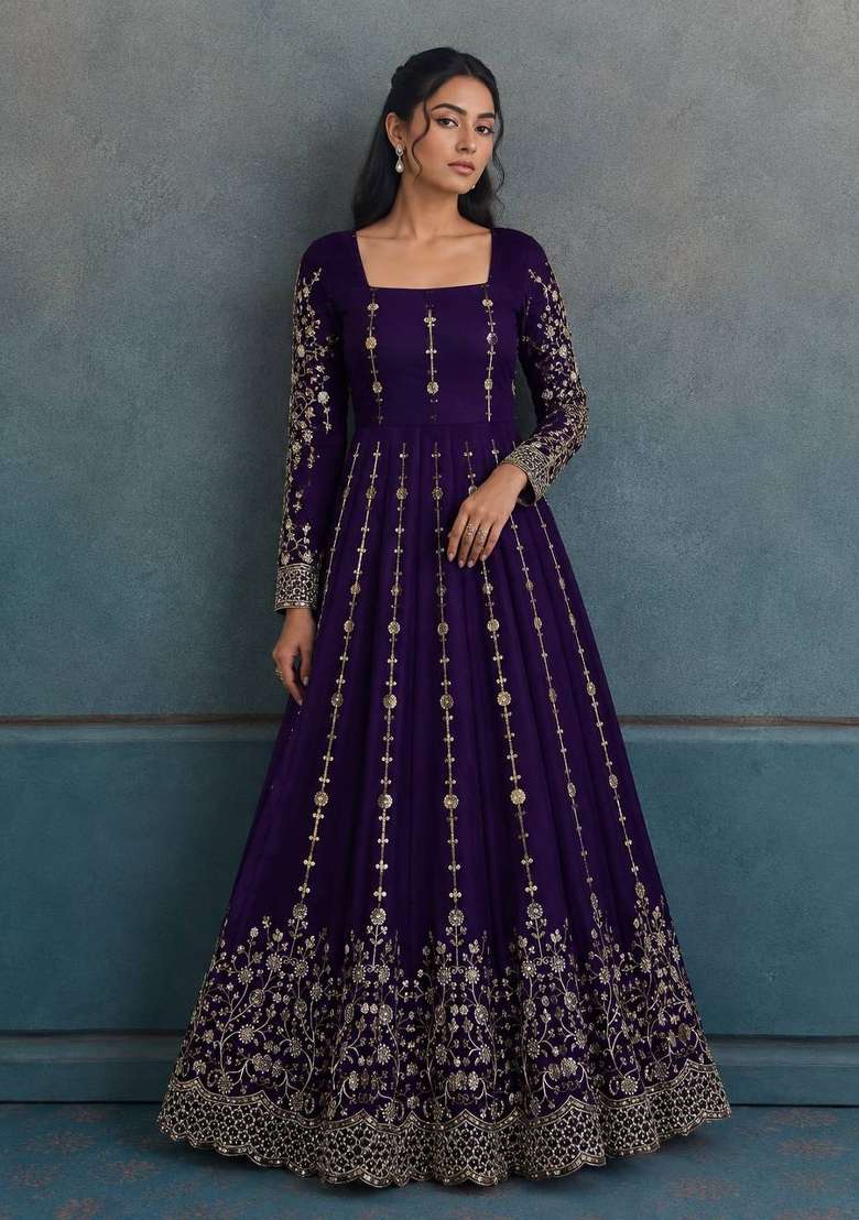 Purple Embroidery Fendi Gown Set - Indya