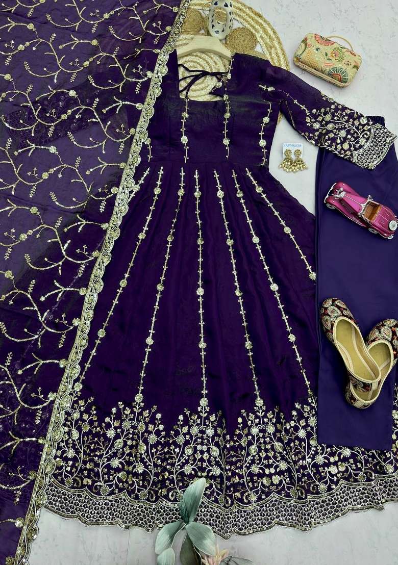 Purple Embroidery Fendi Gown Set - Indya