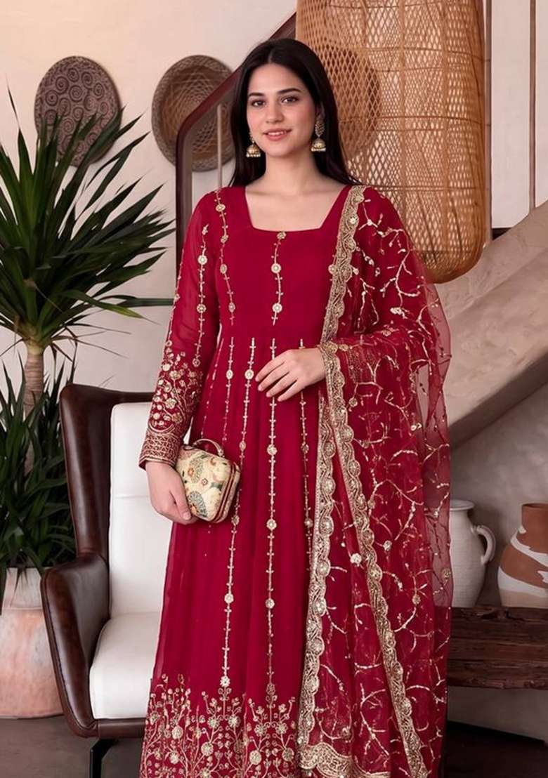 Red Embroidery Fendi Gown Set - Indya