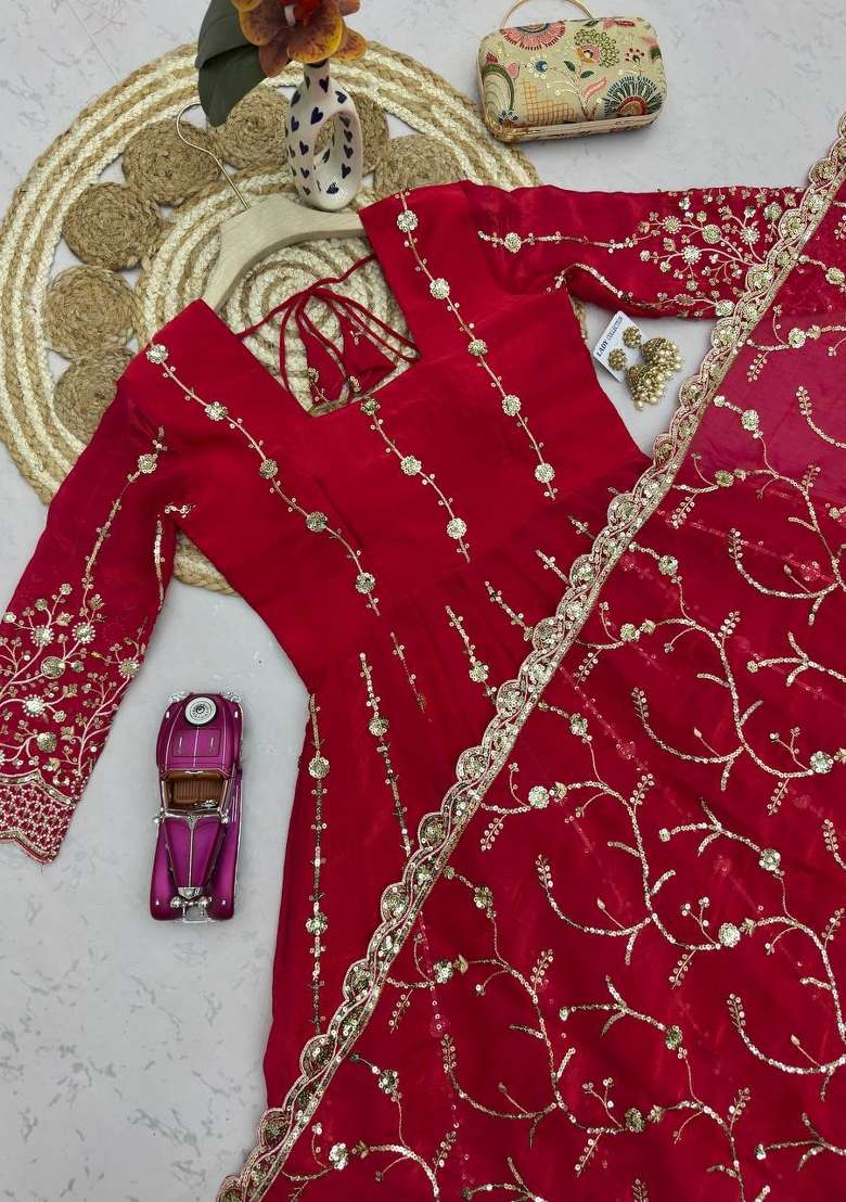 Red Embroidery Fendi Gown Set - Indya