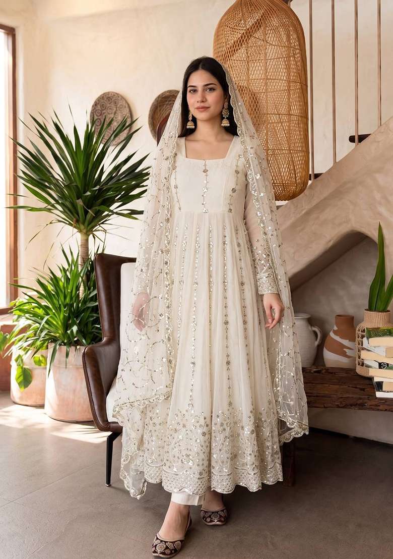 White Embroidery Fendi Gown Set - Indya