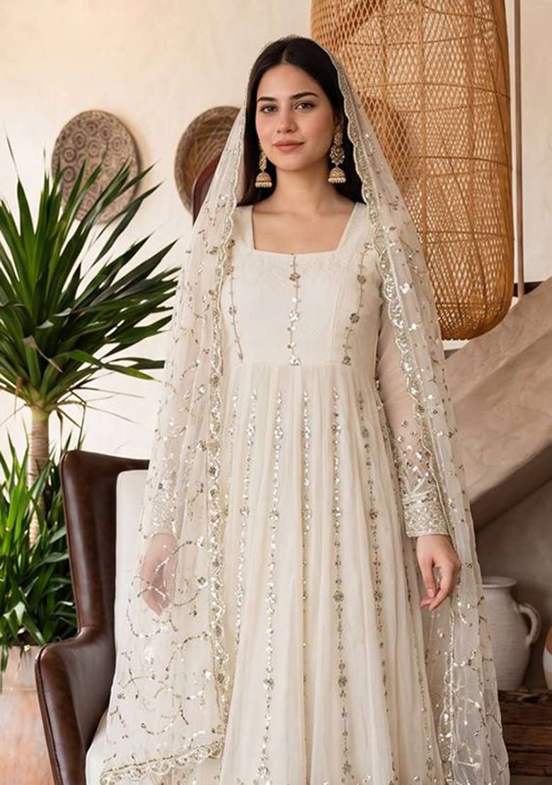 White Embroidery Fendi Gown Set - Indya