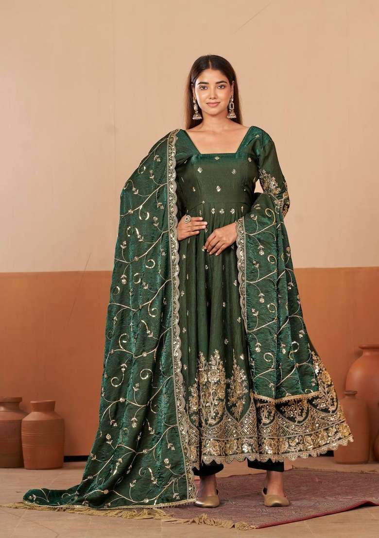 Green Embroidery Silk Gown Set - Indya