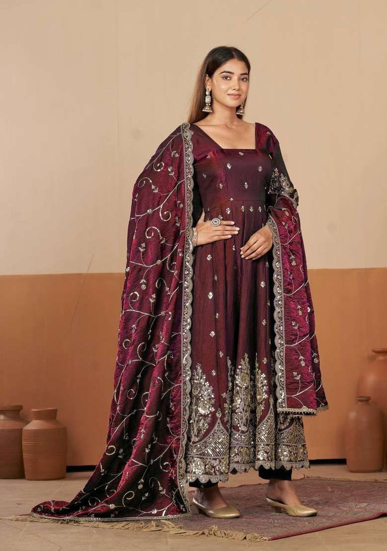Maroon Embroidery Silk Gown Set - Indya