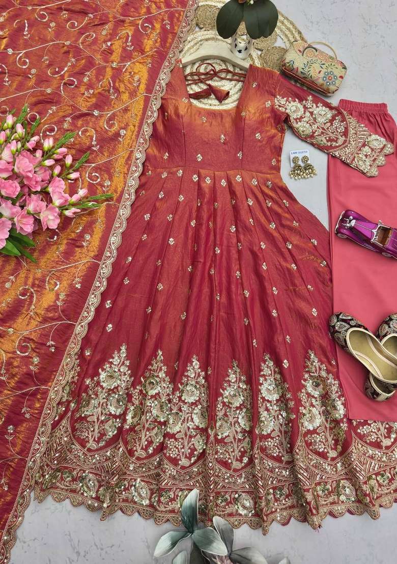 Peach Embroidery Silk Gown Set - Indya