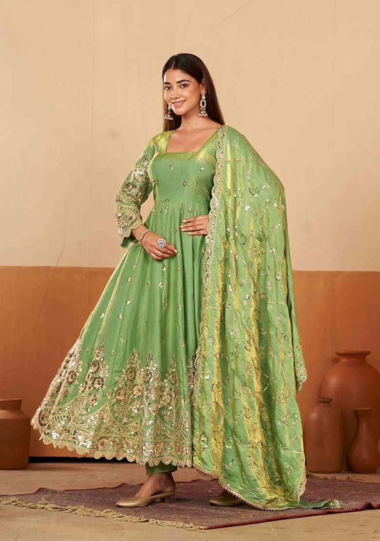 Pista Embroidery Silk Gown Set - Indya