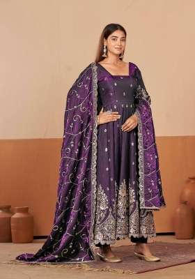 Purple Embroidery Silk Gown Set