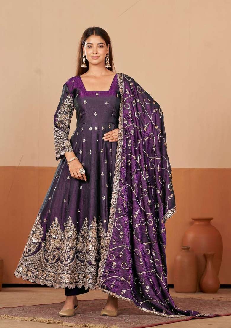 Purple Embroidery Silk Gown Set - Indya