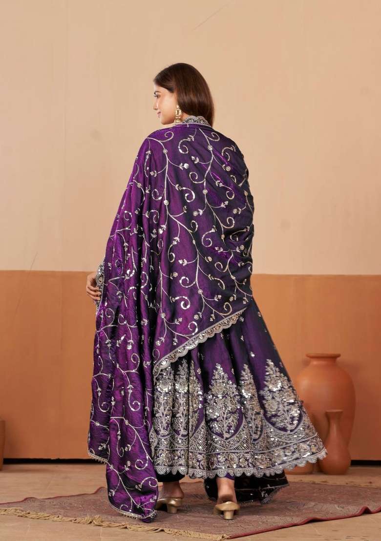 Purple Embroidery Silk Gown Set - Indya