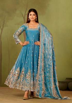 Sky Blue Embroidery Silk Gown Set