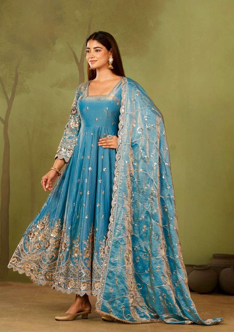 Sky Blue Embroidery Silk Gown Set - Indya