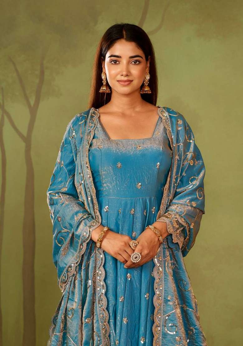 Sky Blue Embroidery Silk Gown Set - Indya