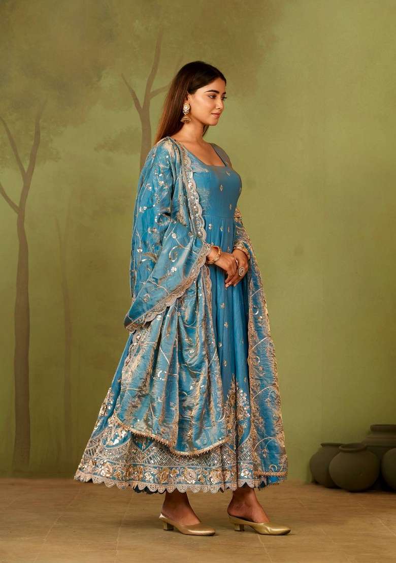 Sky Blue Embroidery Silk Gown Set - Indya