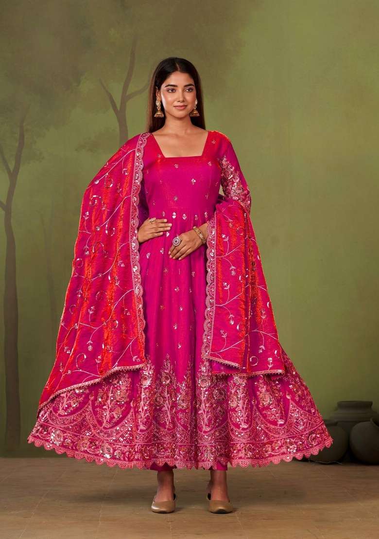Pink Embroidery Silk Gown Set - Indya