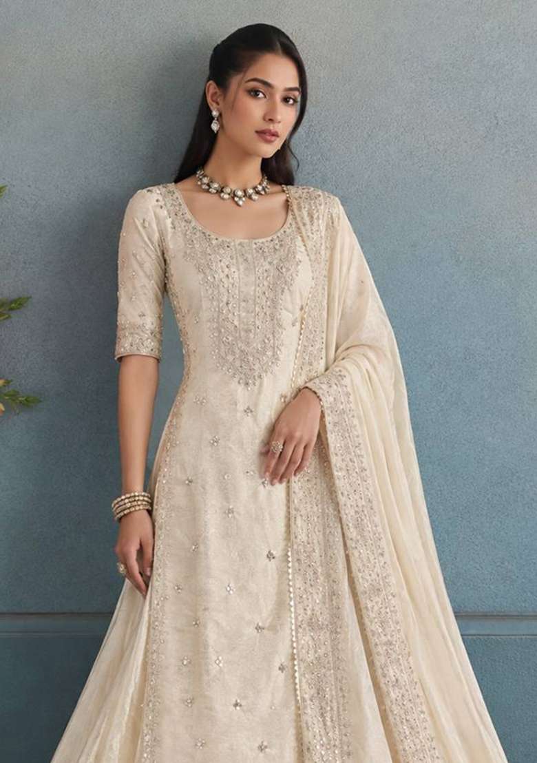 White Embroidery Chinon Kurta Set - Indya