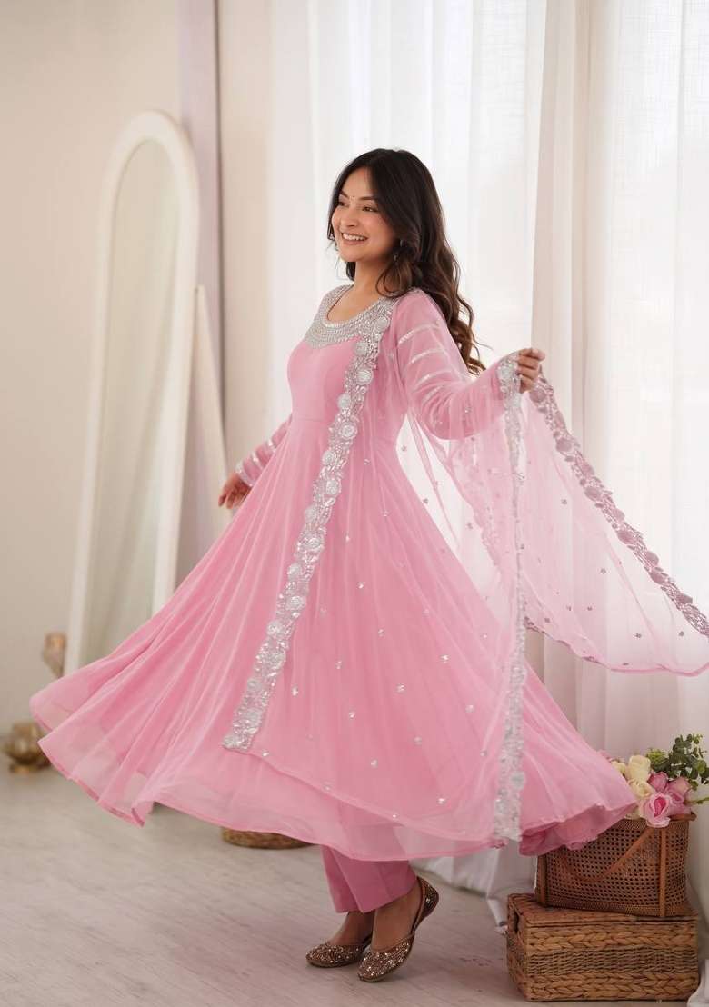 Pink Embroidery Georgette Gown Set - Indya