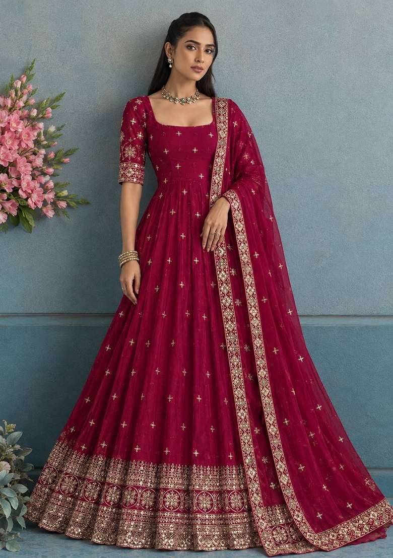 Rani Pink Embroidery Fendi Gown Set - Indya