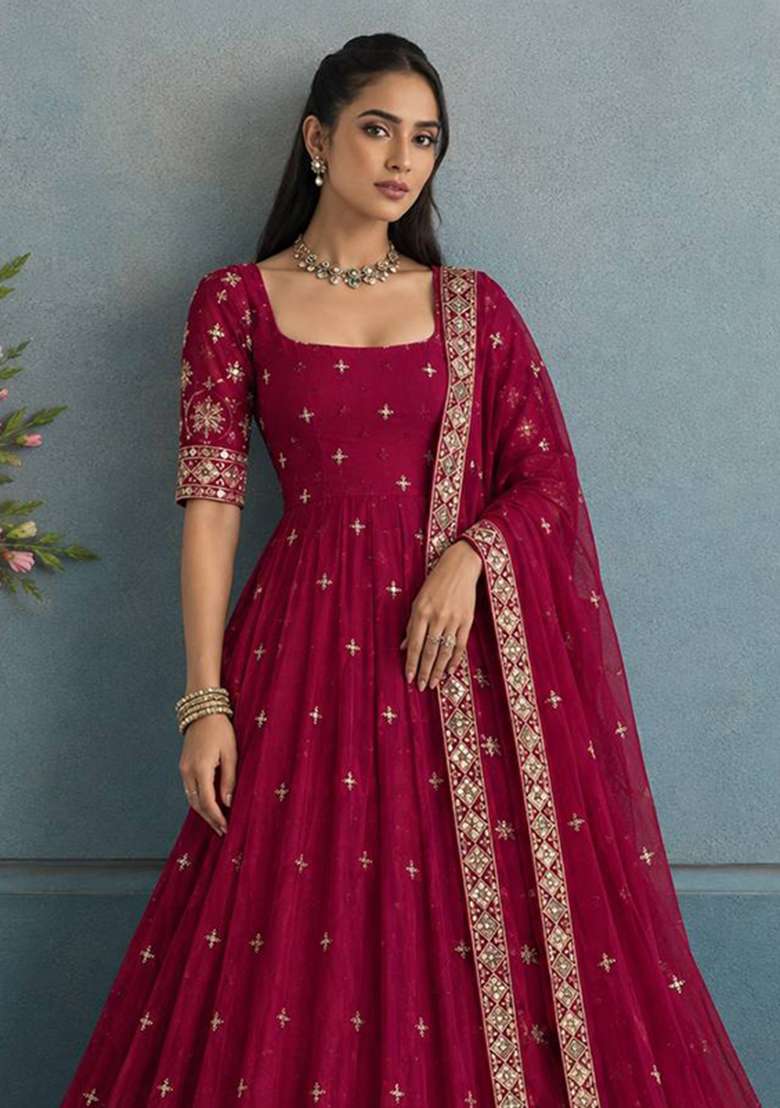 Rani Pink Embroidery Fendi Gown Set - Indya