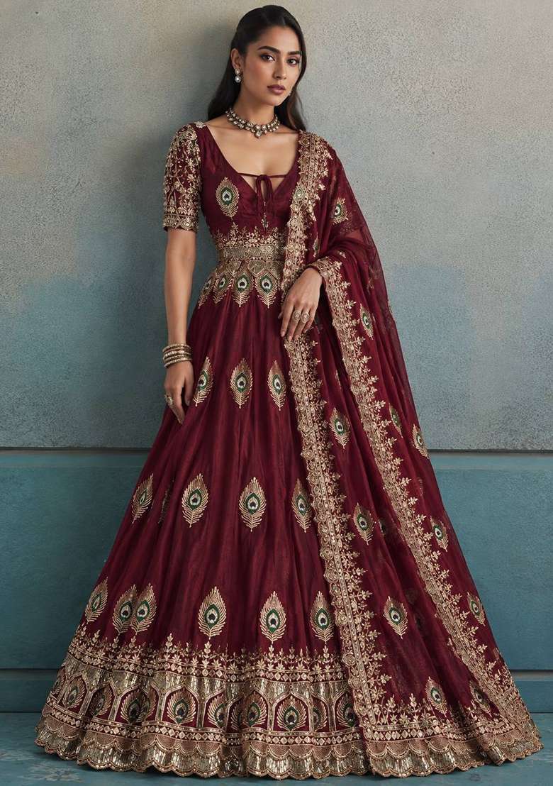 Maroon Embroidery Fendi Gown Set - Indya