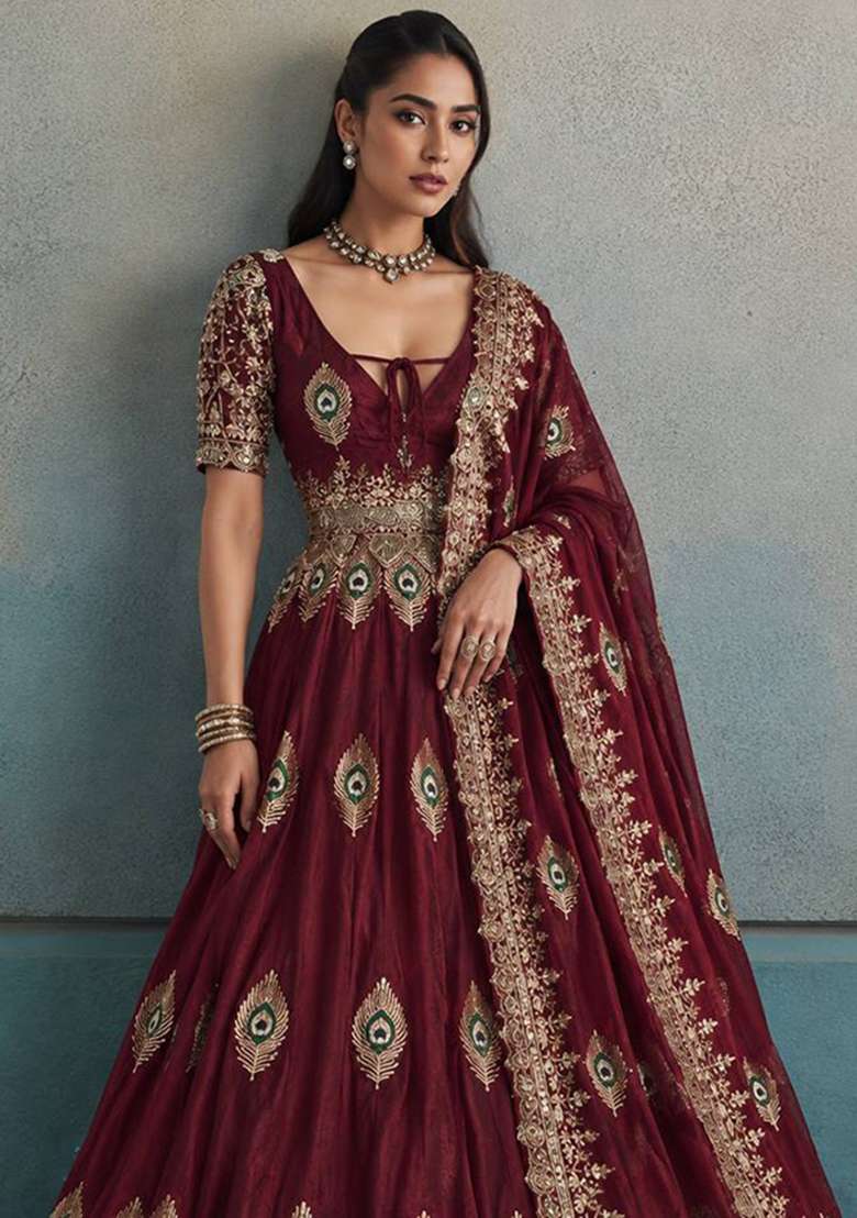 Maroon Embroidery Fendi Gown Set - Indya
