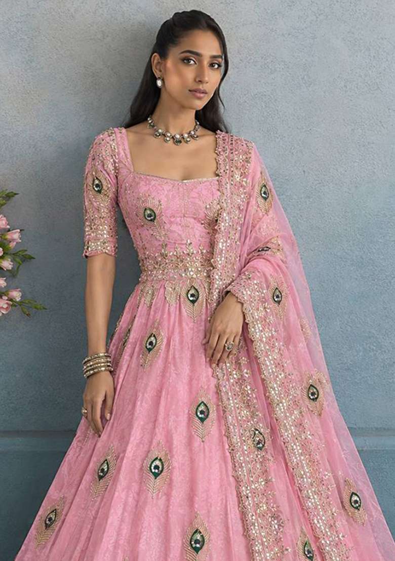 Pink Embroidery Fendi Gown Set - Indya