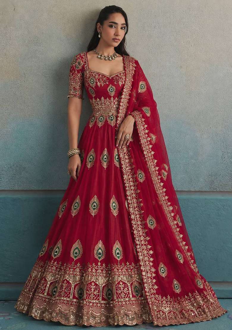 Red Embroidery Fendi Gown Set - Indya