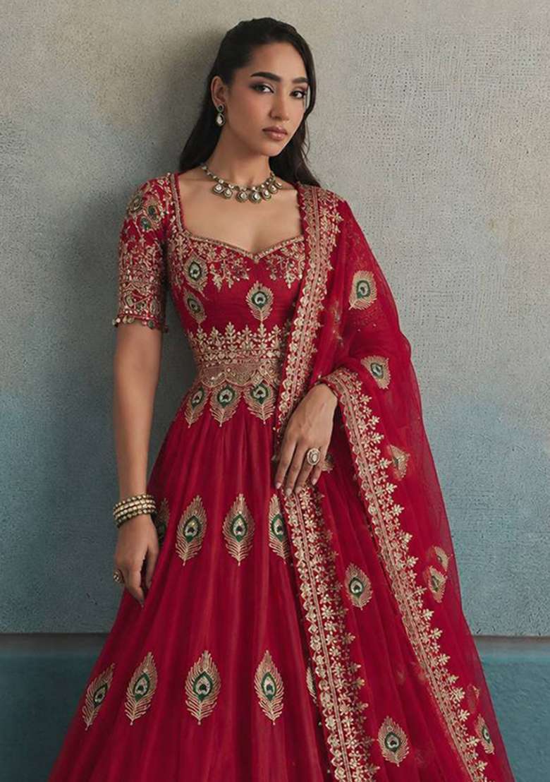 Red Embroidery Fendi Gown Set - Indya