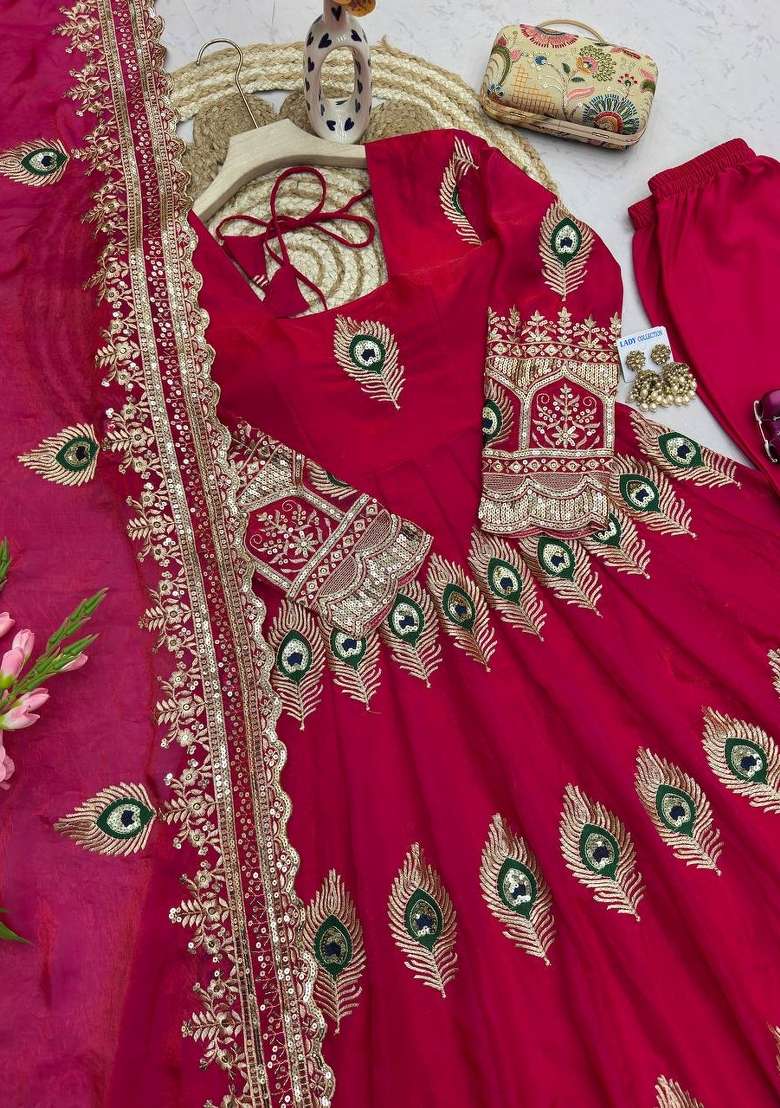 Red Embroidery Fendi Gown Set - Indya