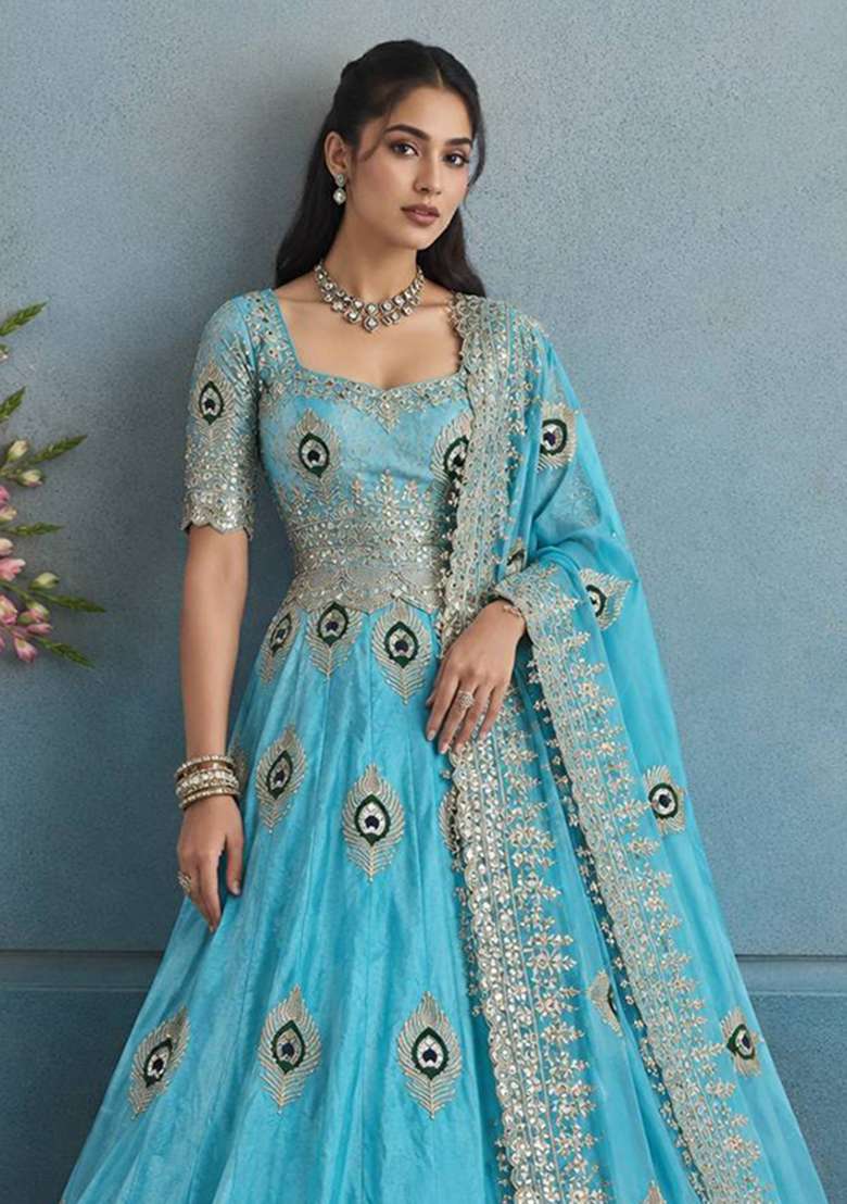 Sky Blue Embroidery Fendi Gown Set - Indya