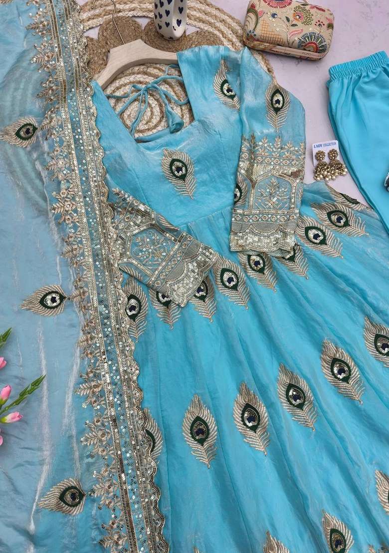 Sky Blue Embroidery Fendi Gown Set - Indya